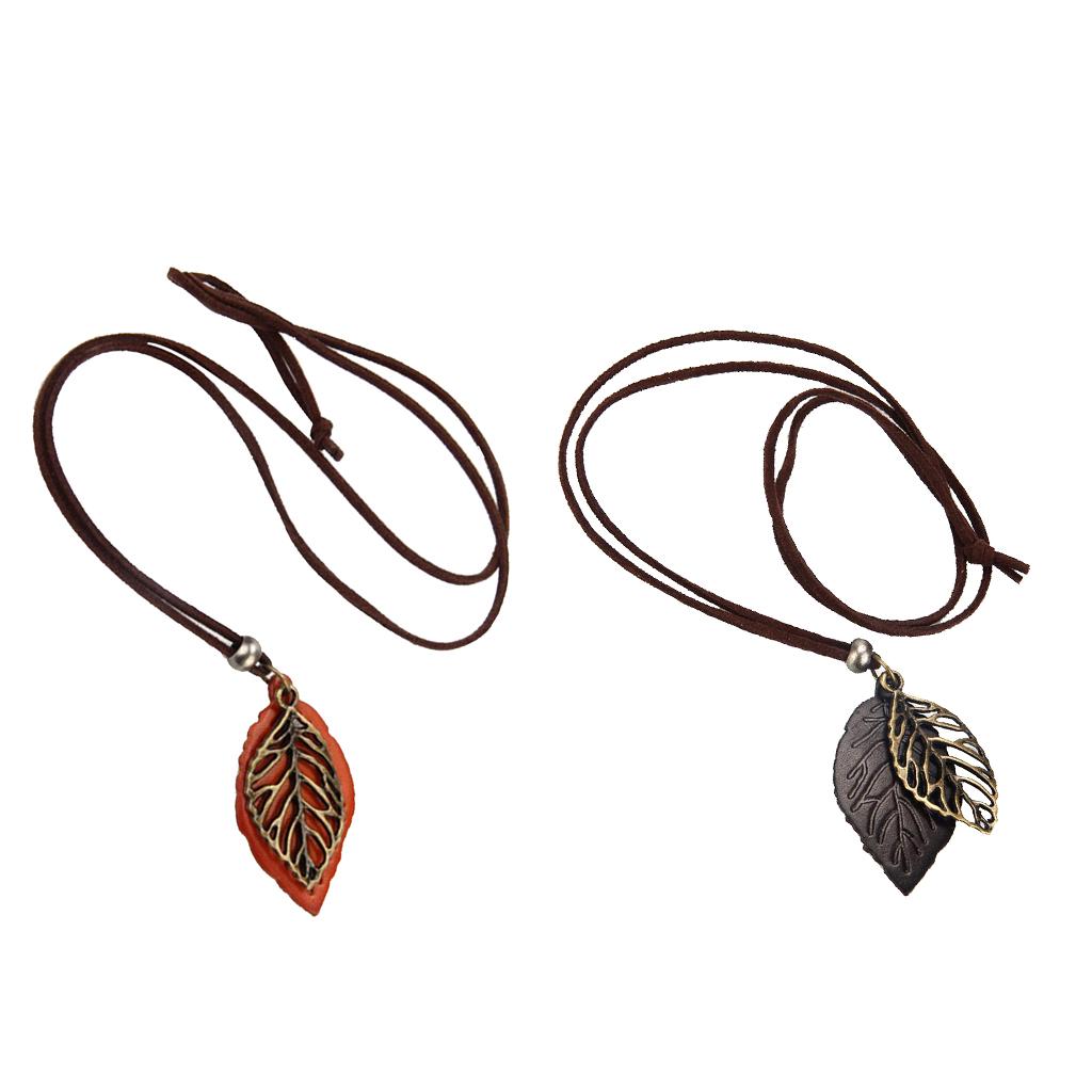 2 Pieces Women Leaves Leaf Pendant Necklace PU Leather Long Sweater Chain