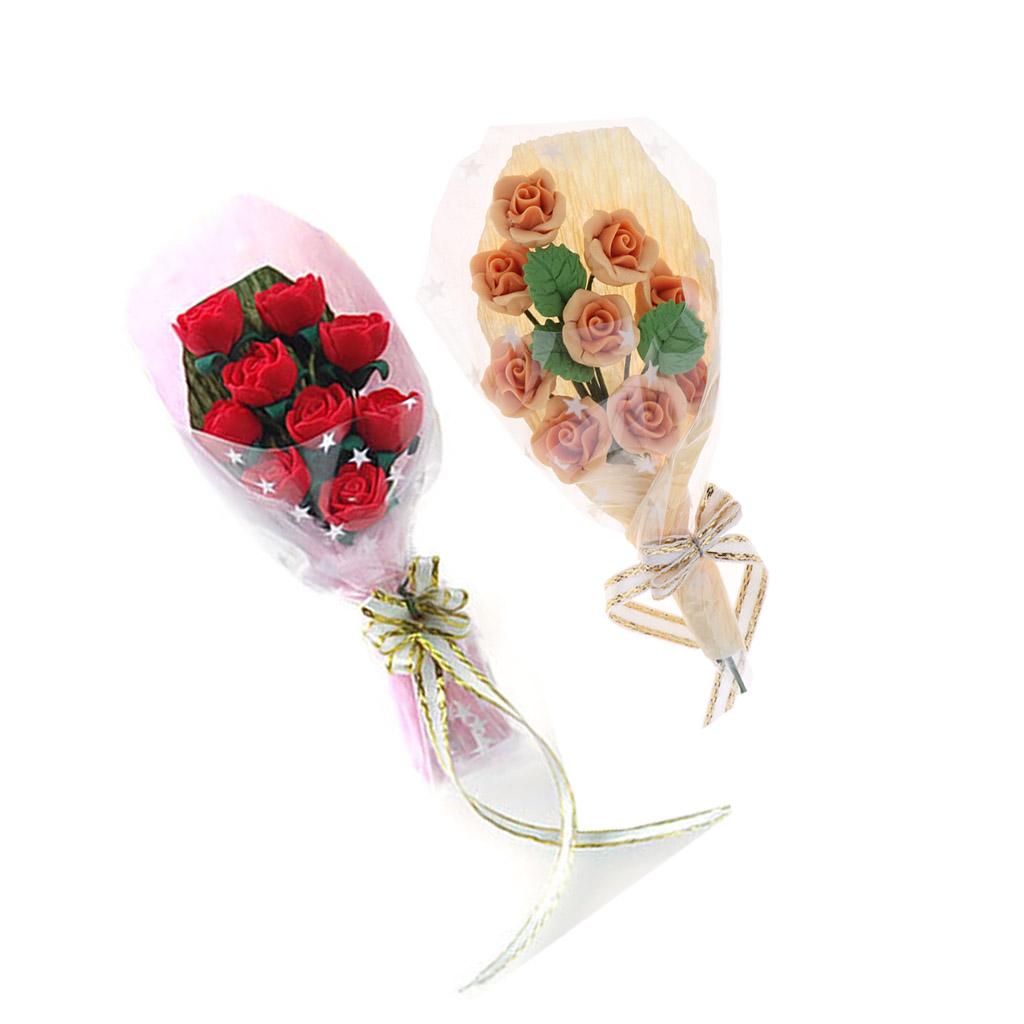 2pcs 1/12 Dollhouse Miniature Sweet Clay Rose Flowers Bouquet Ornaments