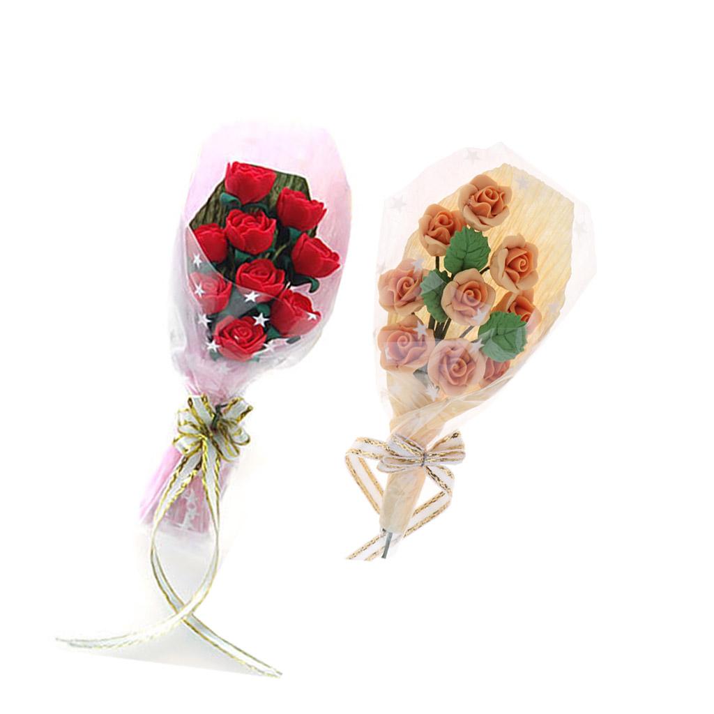 2pcs 1/12 Dollhouse Miniature Sweet Clay Rose Flowers Bouquet Ornaments