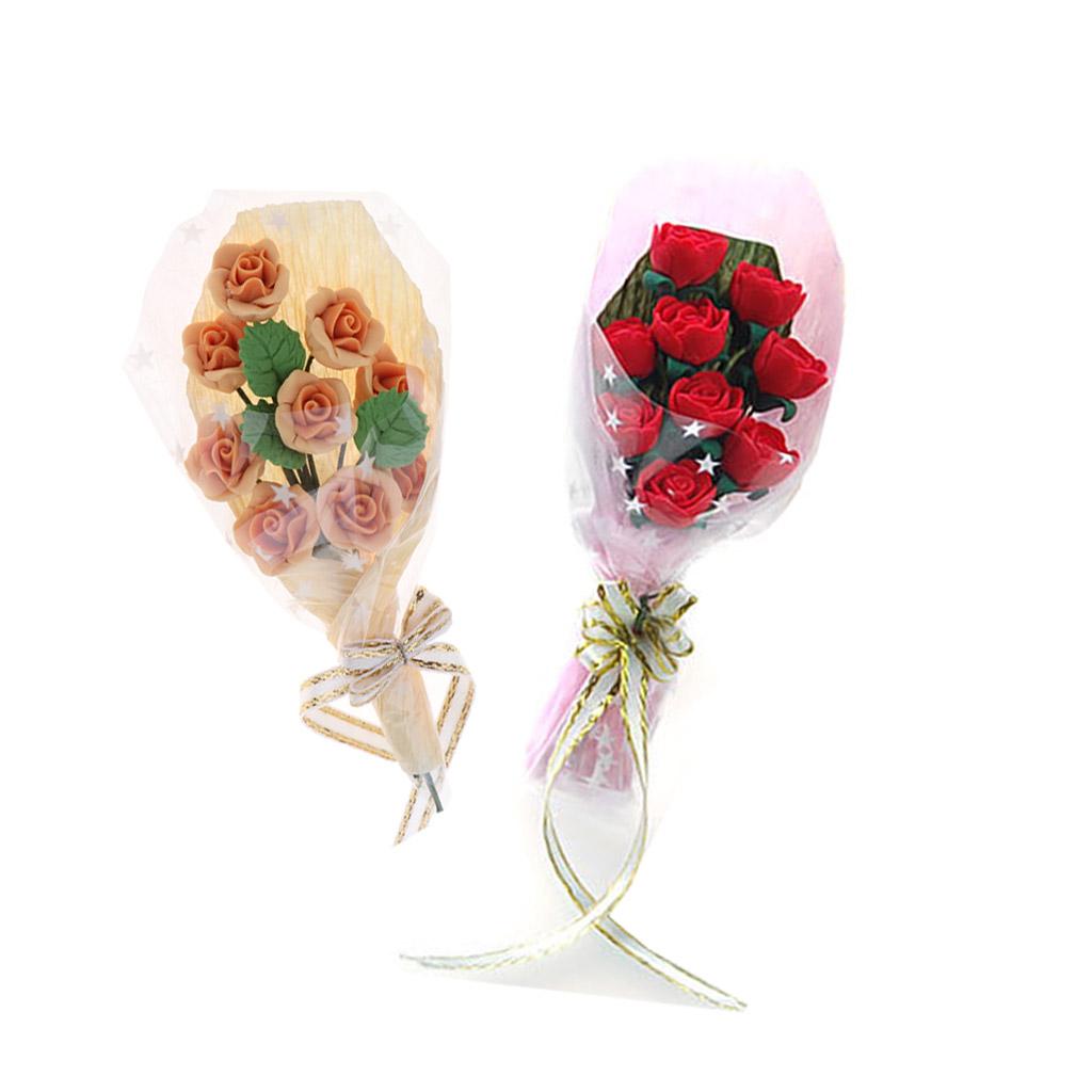 2pcs 1/12 Dollhouse Miniature Sweet Clay Rose Flowers Bouquet Ornaments