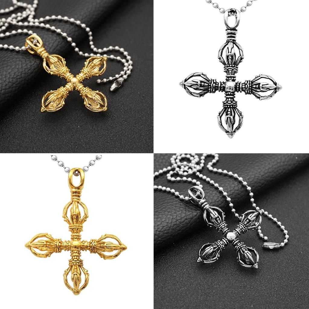 2pcs Unisex Vintage Vajra Pestle Cross Necklace Pendant Ball Beads Chain