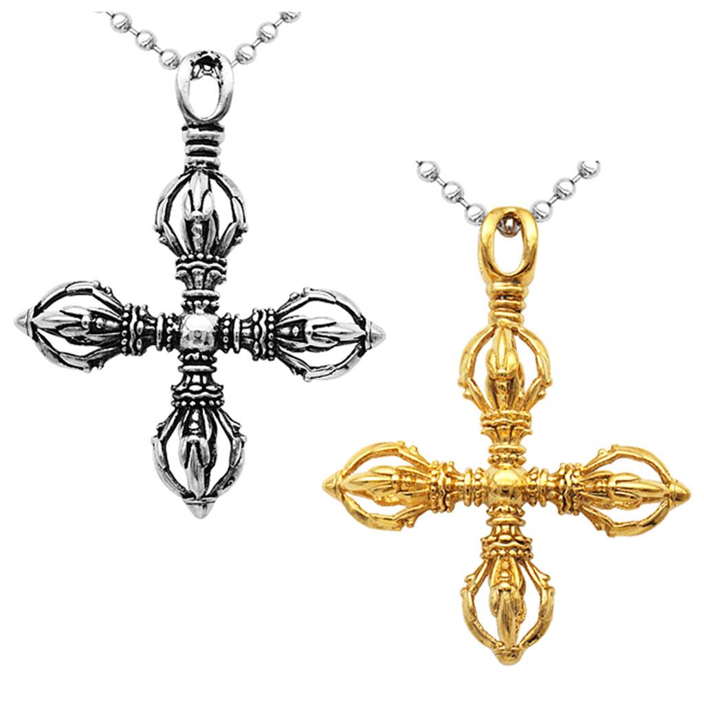 2pcs Unisex Vintage Vajra Pestle Cross Necklace Pendant Ball Beads Chain