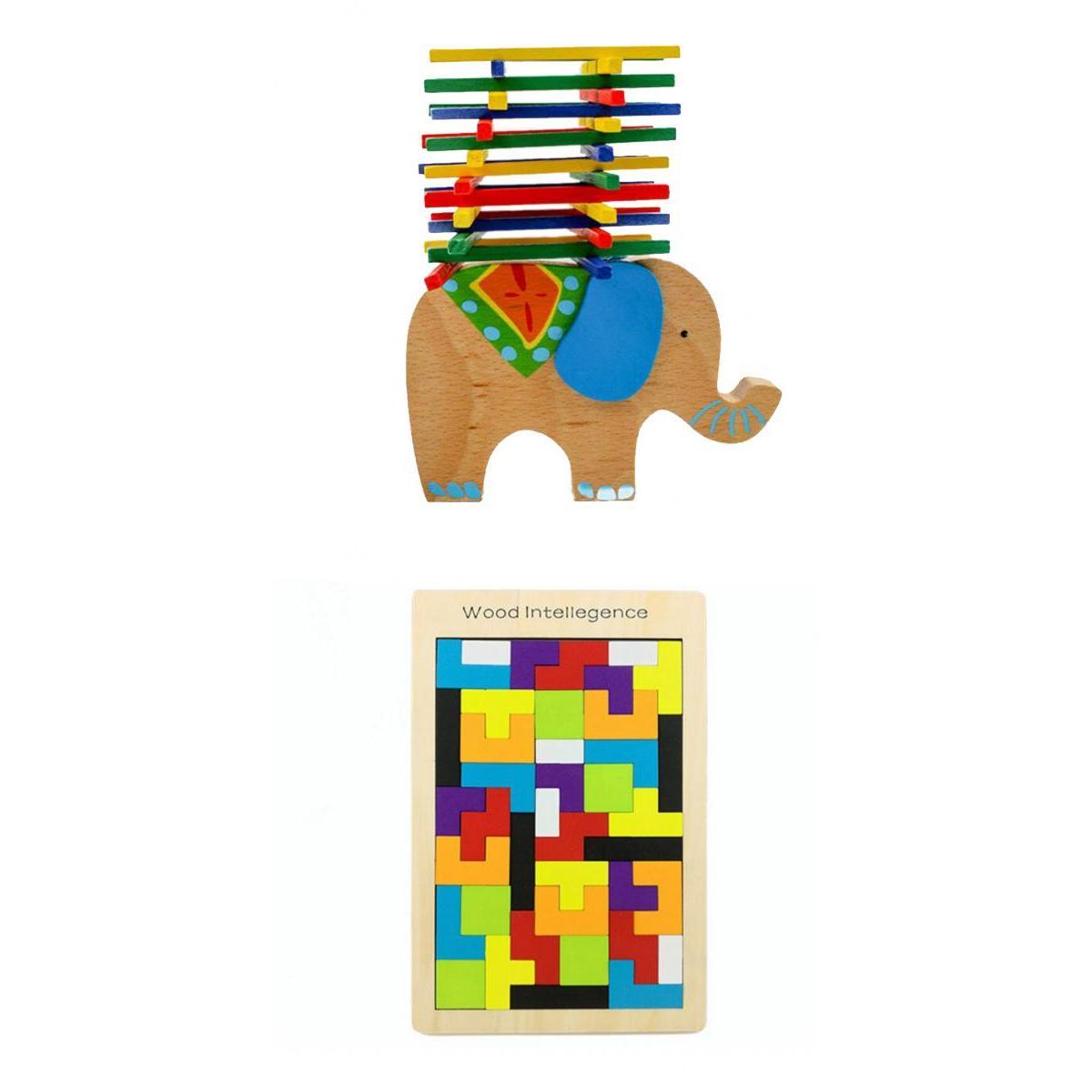 Colorful Wooden Puzzle Toy with Elephant Balance Beam Game