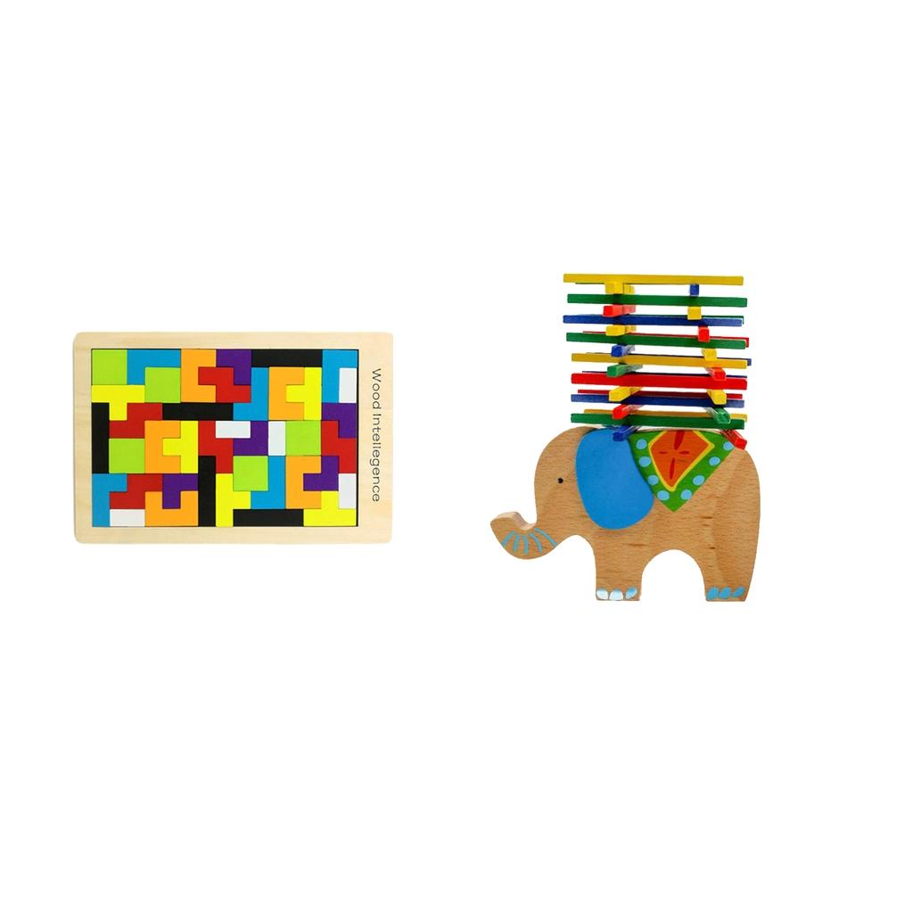 Colorful Wooden Puzzle Toy with Elephant Balance Beam Game
