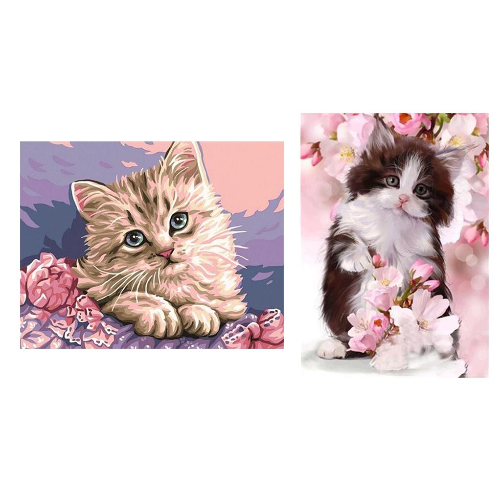 2pcs 5D Diamond Painting Cat and Flower Picture DIY Crafts for Home Ornament