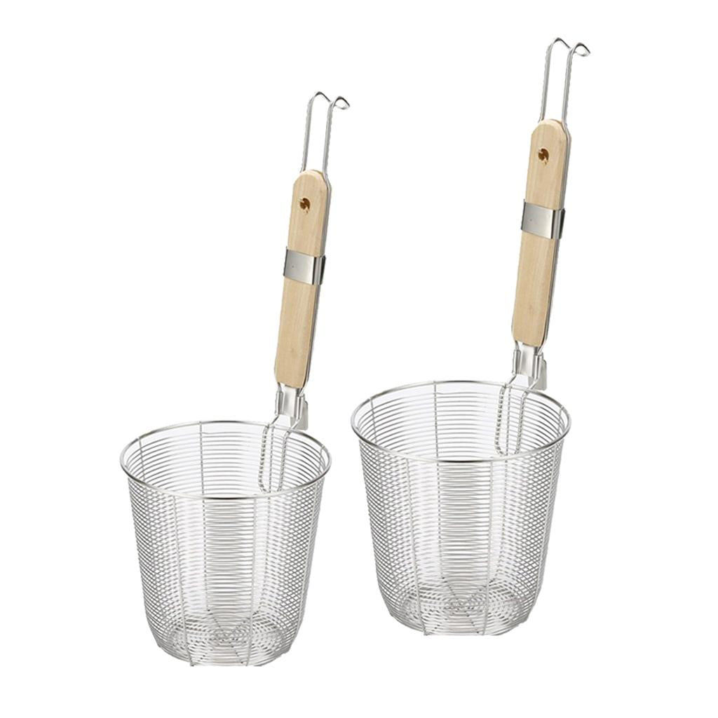 2x Kitchen Noodle Strainers with Hook, Stainless Steel, Deep Fry Basket S+M