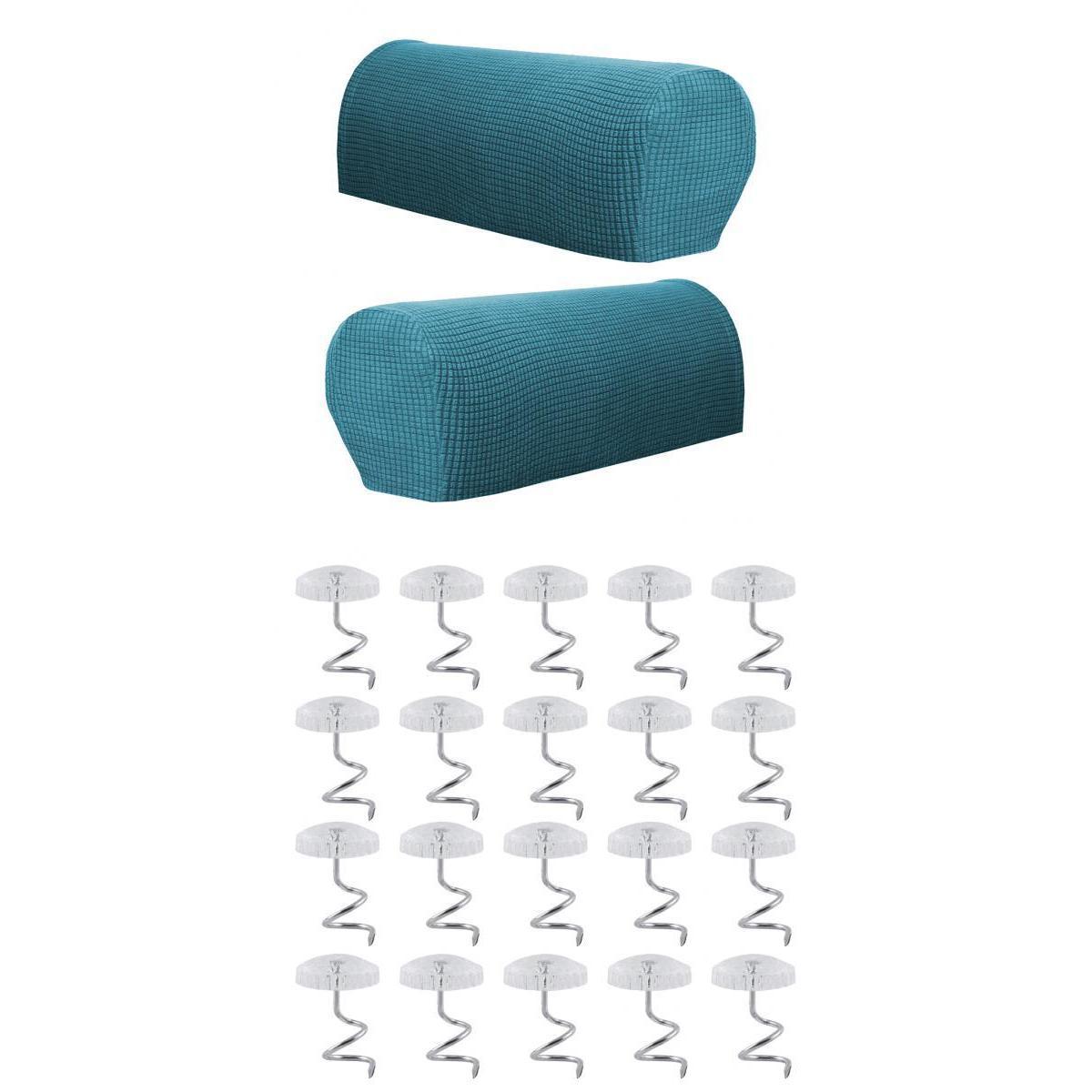 1 Pair Furniture Sofa Armrest Covers Protector with 20 Twist Pins Dark Green