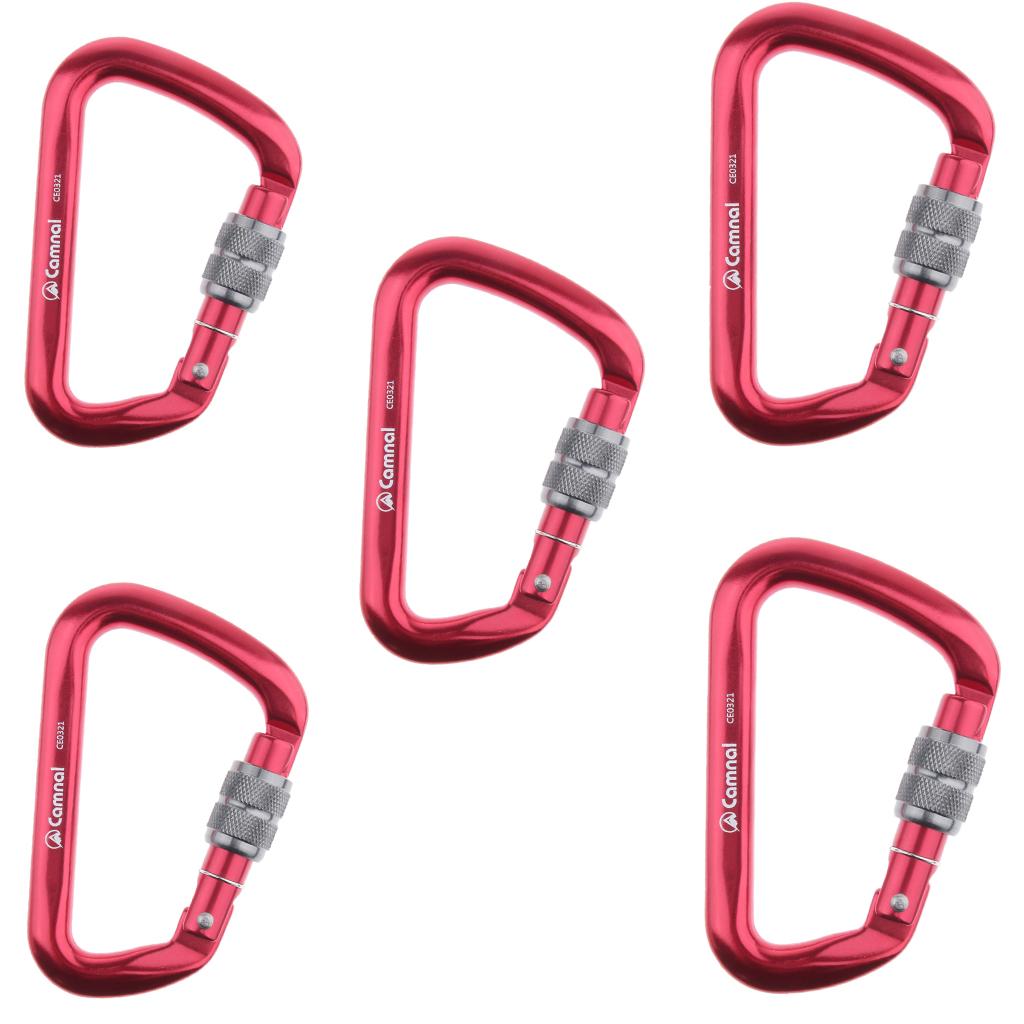 5 Pieces 28KN Aluminum Screwgate D Type Climbing Rescue Carabiner Red