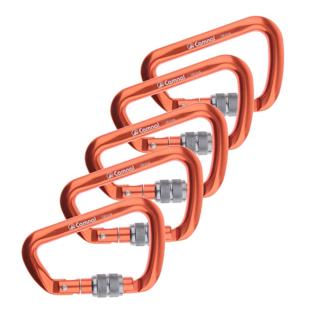 5 Pieces 28KN Aluminum Screwgate D Type Climbing Rescue Carabiner Orange