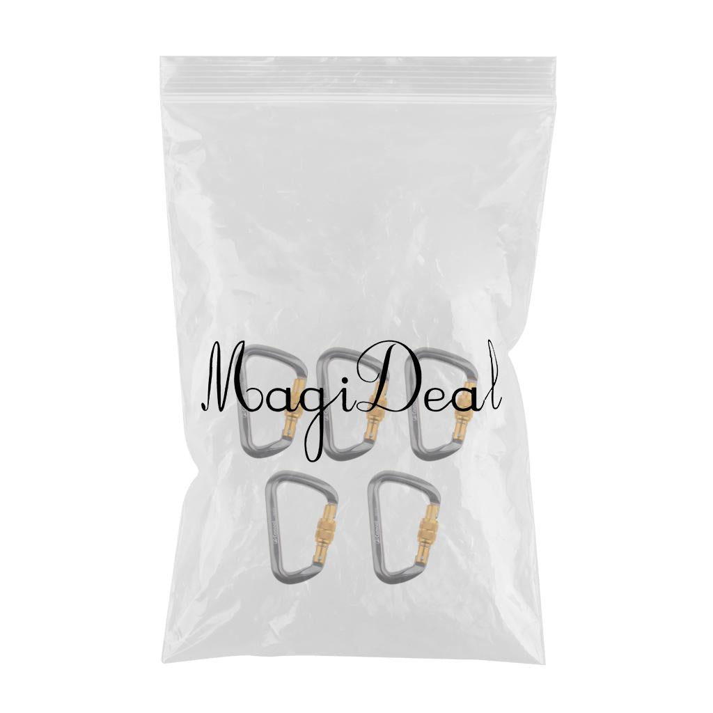 5 Pieces 28KN Aluminum Screwgate D Type Climbing Rescue Carabiner Gray