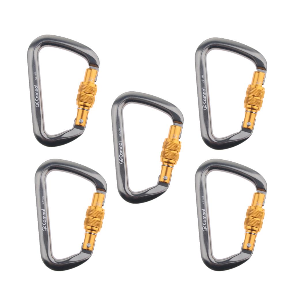 5 Pieces 28KN Aluminum Screwgate D Type Climbing Rescue Carabiner Gray
