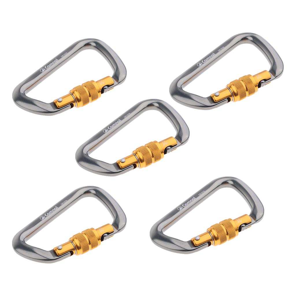 5 Pieces 28KN Aluminum Screwgate D Type Climbing Rescue Carabiner Gray