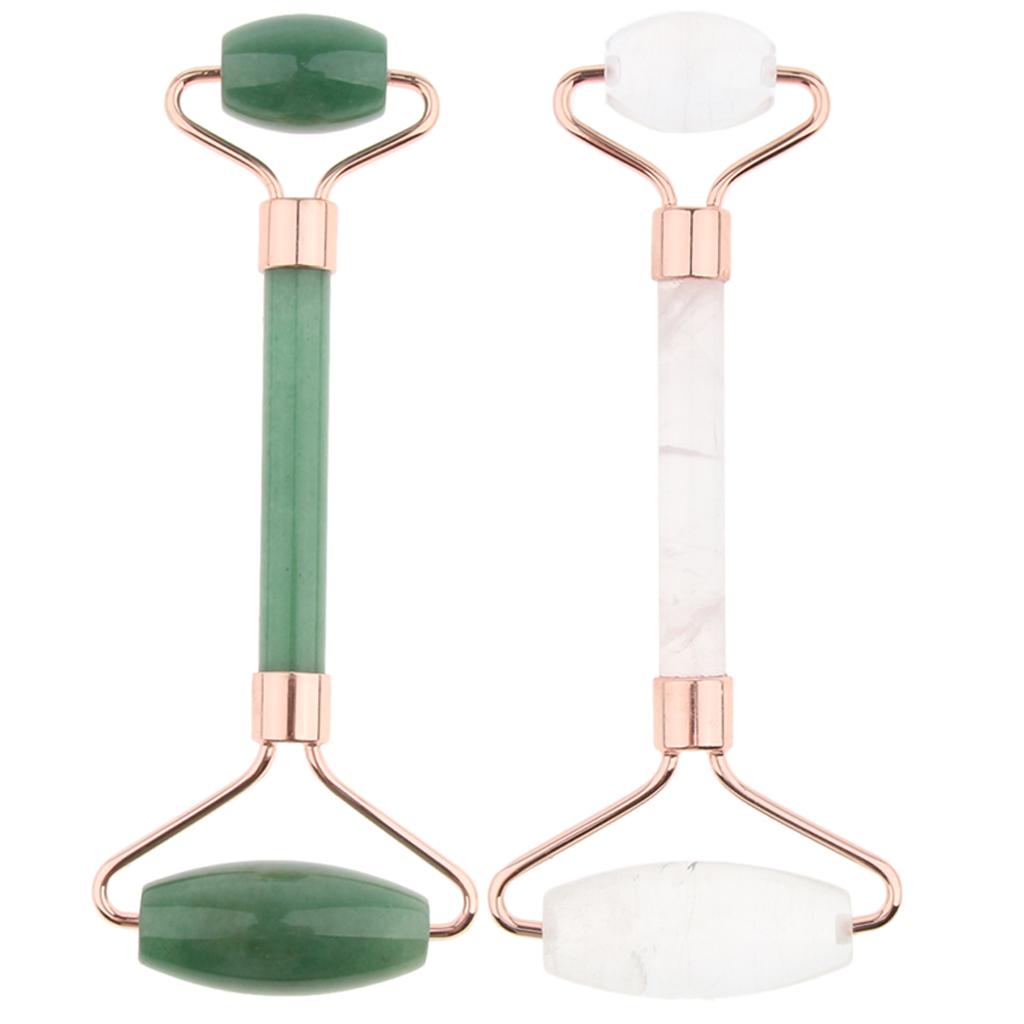 2x Double Heads Natural Jade Stone Facial Massage Roller Wheel Neck Massager