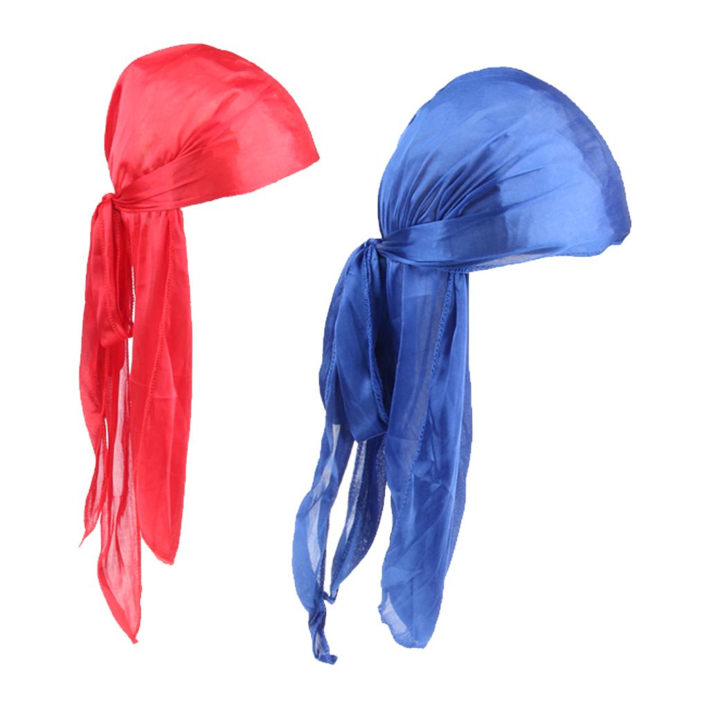 2 Pieces Durag Headwear Cap Hair Loss Scarf Bandana Turban Red+Royal Blue