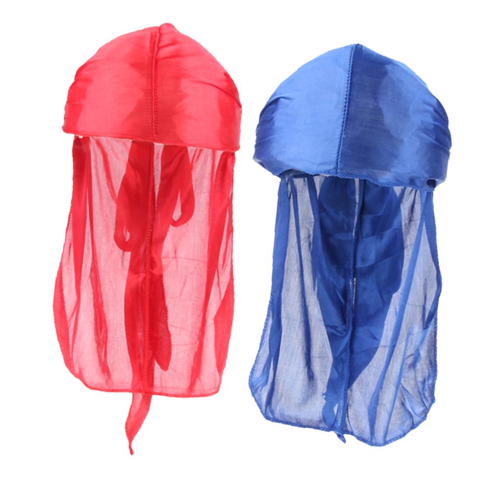 2 Pieces Durag Headwear Cap Hair Loss Scarf Bandana Turban Red+Royal Blue