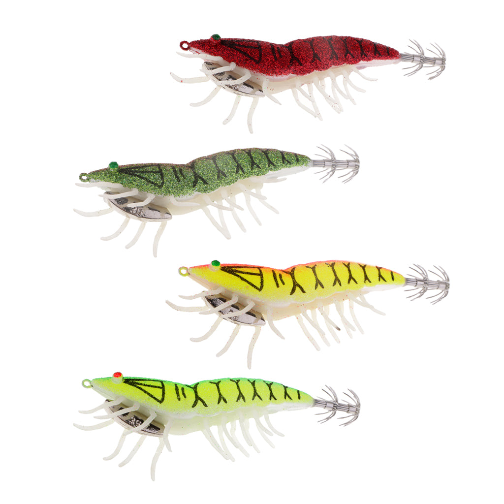 4x Glow in Dark Squid Jig Hooks Shrimp Fishing Lures with Luminous Soft Leg