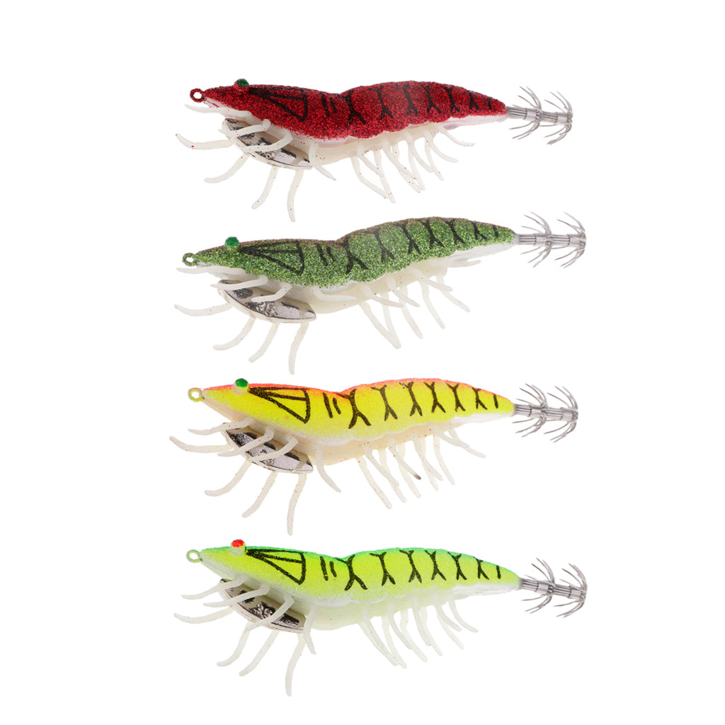 4x Glow in Dark Squid Jig Hooks Shrimp Fishing Lures with Luminous Soft Leg