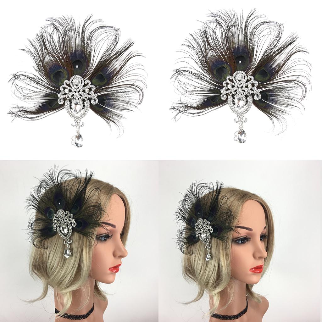 2x Womens Vintage 1920s Flapper Feather Fascinator Hair Clip Wedding Bridal