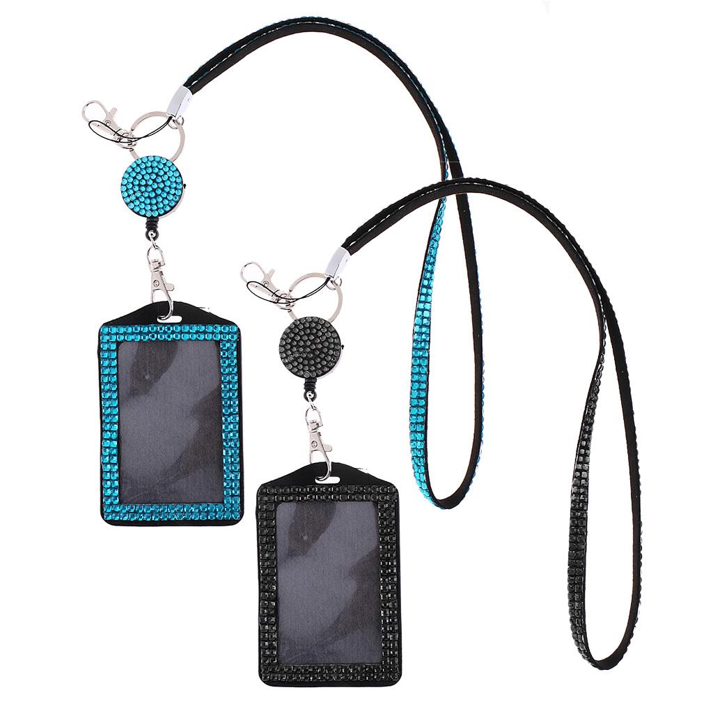 2pcs Bling Rhinestone Lanyard with Retractable Reel Vertical ID Badge Holder