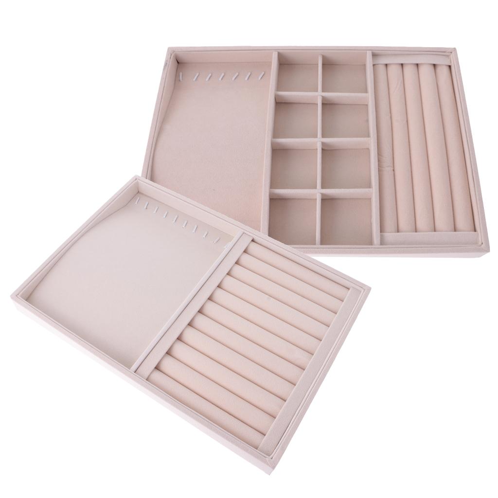 2 Pieces Ring Earrings Necklace Jewelry Display Box Tray Showcase Holder