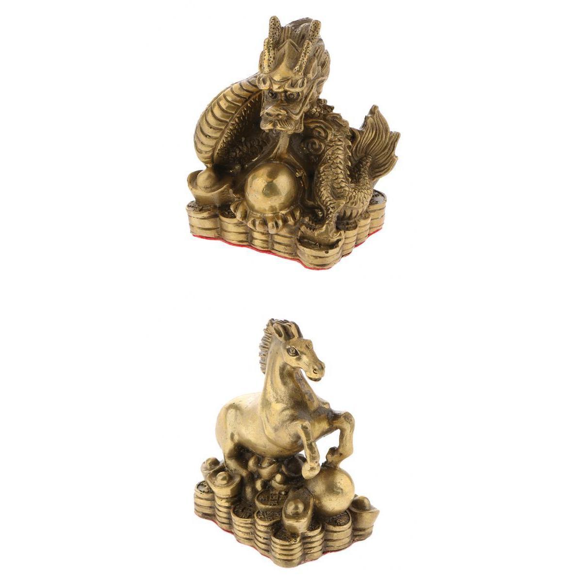 2pcs Pure Brass Chinese Animal Figurine Statue Ornament Dragon+Horse