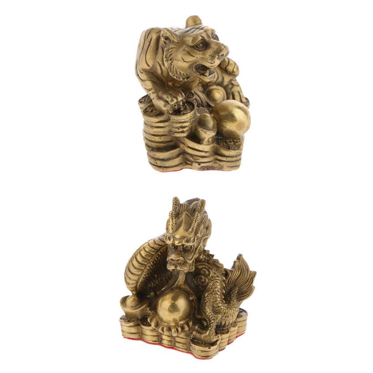 2pcs Pure Brass Chinese Animal Figurine Statue Ornament Dragon+Tiger
