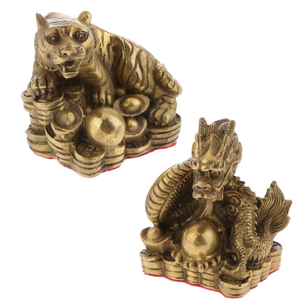 2pcs Pure Brass Chinese Animal Figurine Statue Ornament Dragon+Tiger