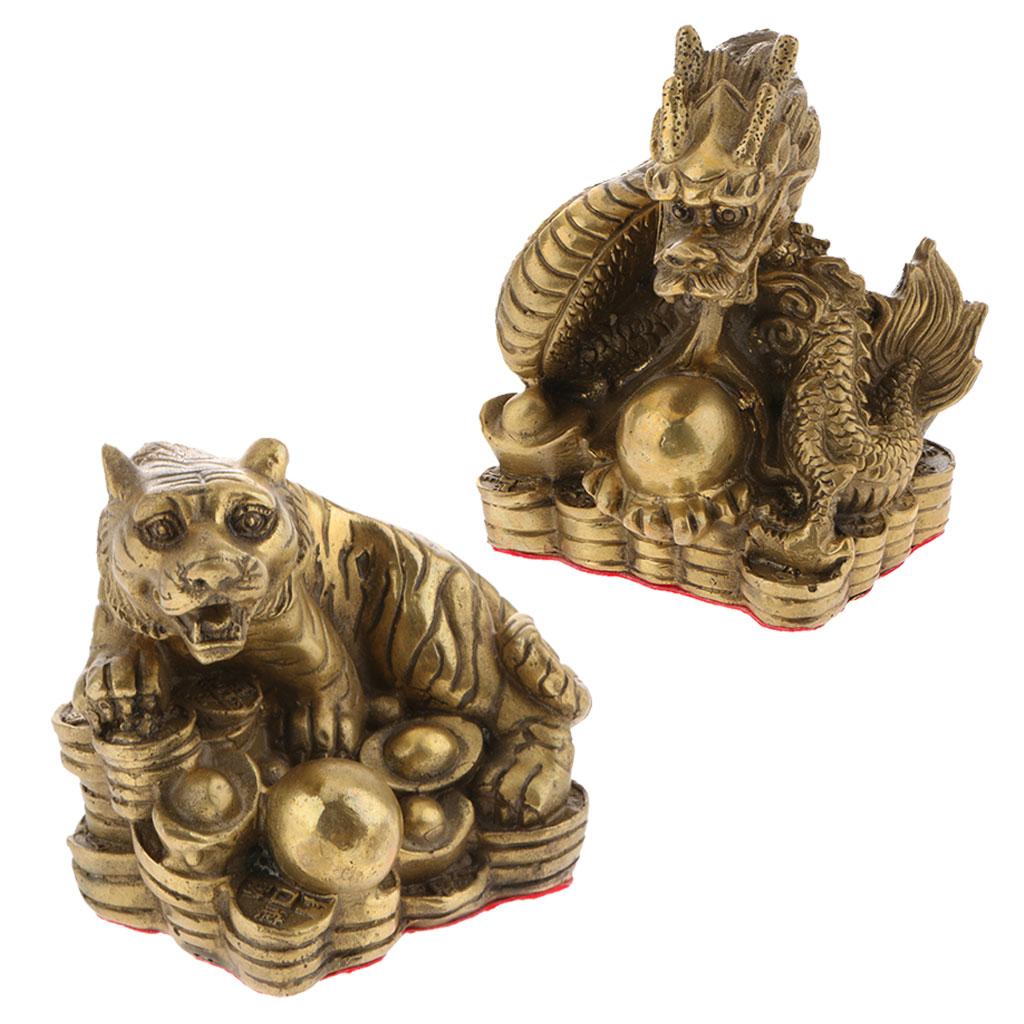 2pcs Pure Brass Chinese Animal Figurine Statue Ornament Dragon+Tiger