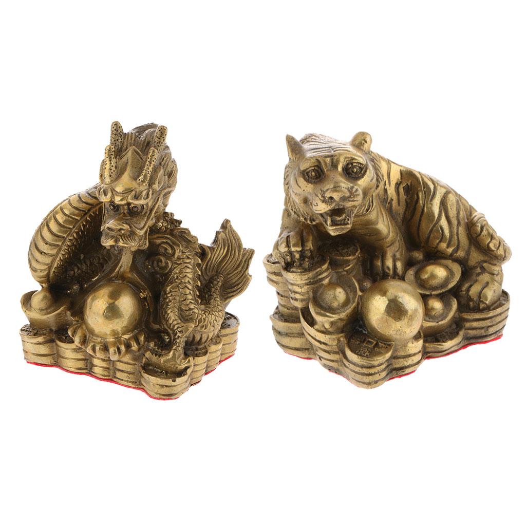 2pcs Pure Brass Chinese Animal Figurine Statue Ornament Dragon+Tiger