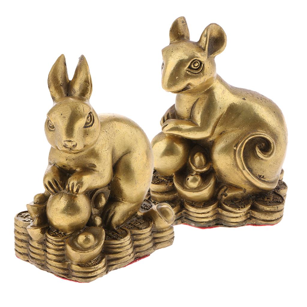 2pcs Pure Brass Chinese Animal Figurine Statue Ornament Rat+Rabbit