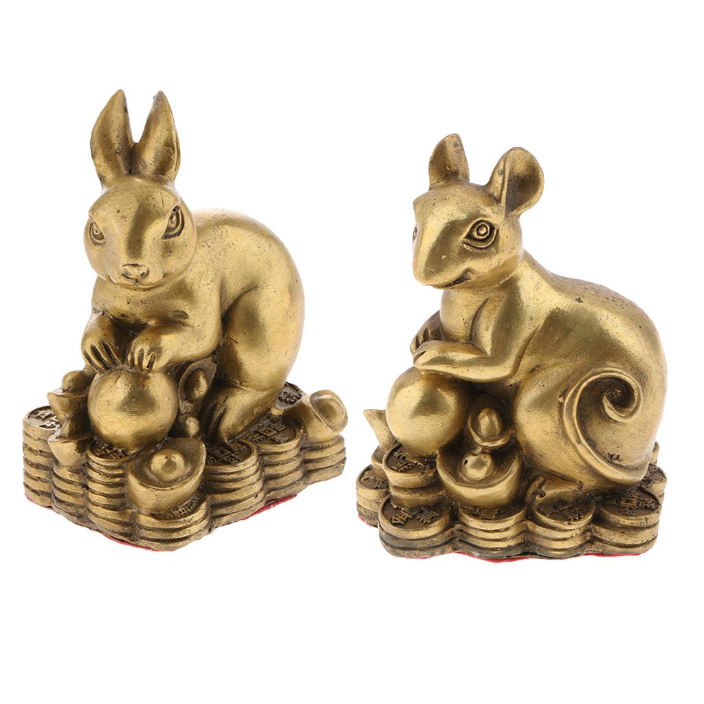 2pcs Pure Brass Chinese Animal Figurine Statue Ornament Rat+Rabbit
