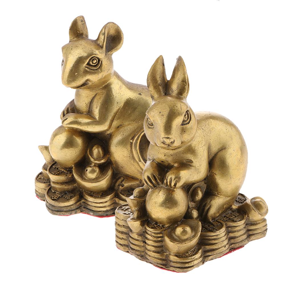 2pcs Pure Brass Chinese Animal Figurine Statue Ornament Rat+Rabbit