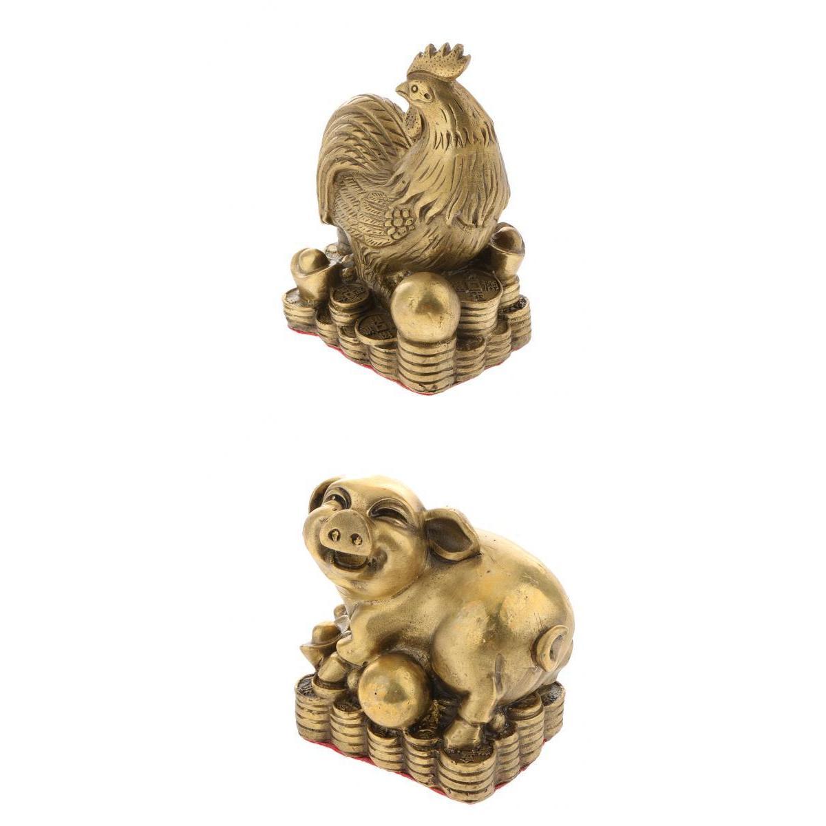 2pcs Pure Brass Chinese Animal Figurine Statue Ornament Pig+Rooster