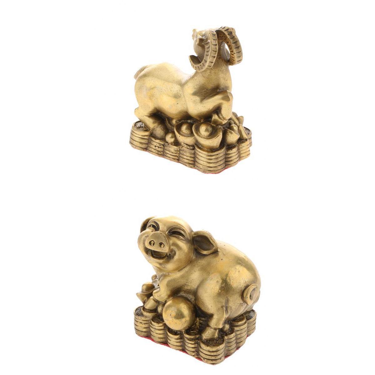 2pcs Pure Brass Chinese Animal Figurine Statue Ornament Pig+Goat