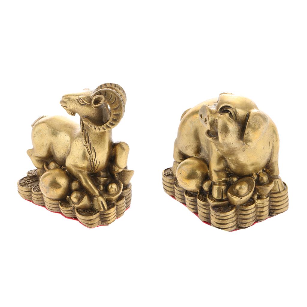 2pcs Pure Brass Chinese Animal Figurine Statue Ornament Pig+Goat