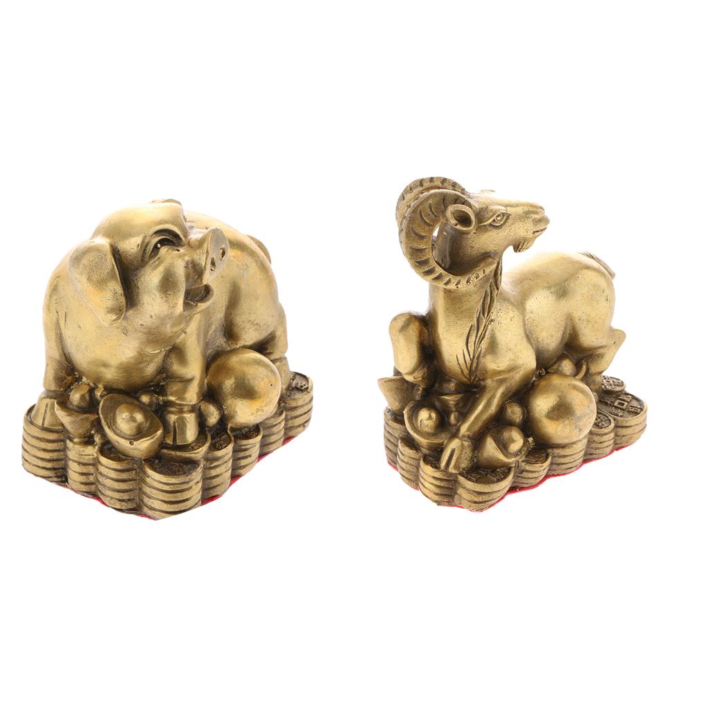 2pcs Pure Brass Chinese Animal Figurine Statue Ornament Pig+Goat