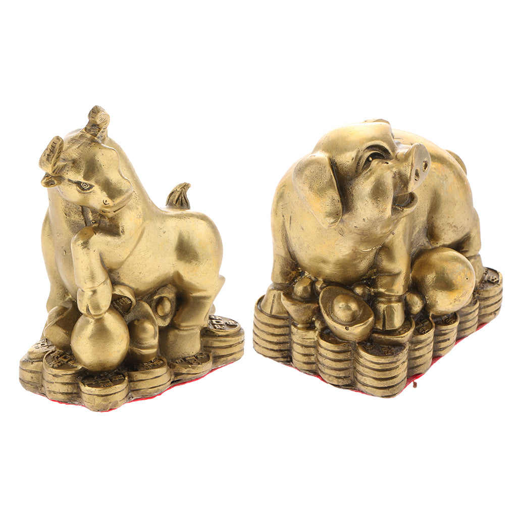 2pcs Pure Brass Chinese Animal Figurine Statue Ornament Pig+Ox