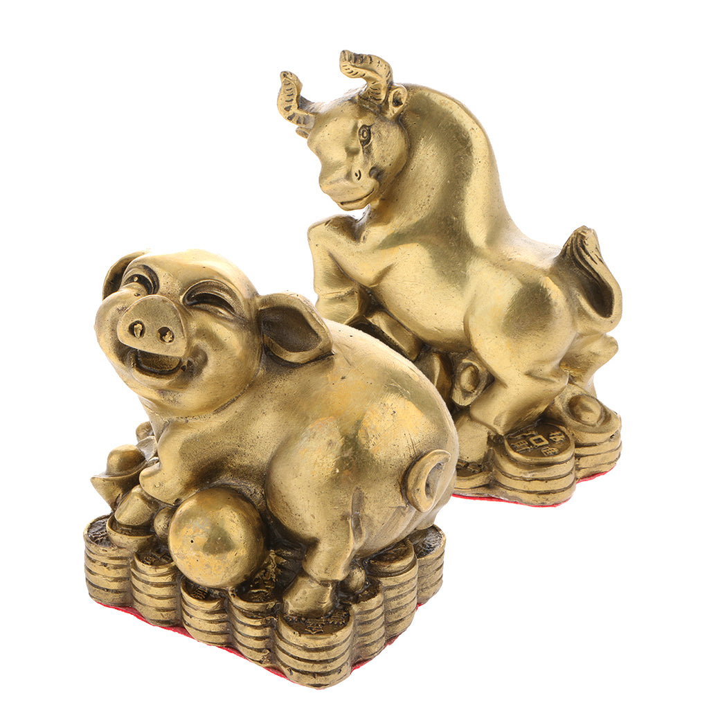 2pcs Pure Brass Chinese Animal Figurine Statue Ornament Pig+Ox