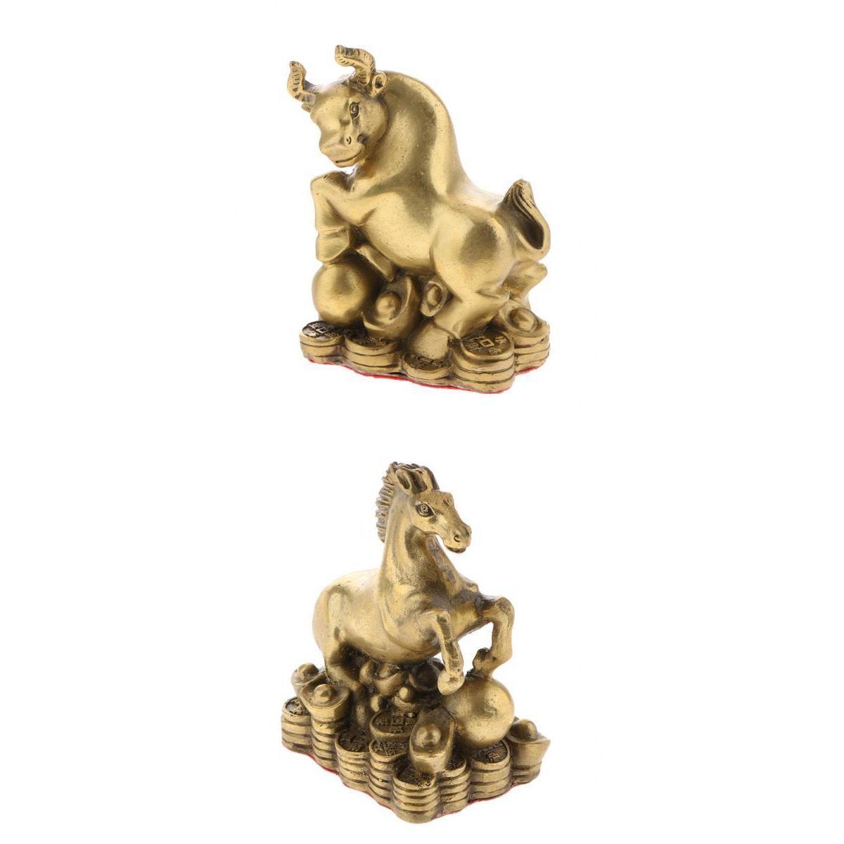 2pcs Pure Brass Chinese Animal Figurine Statue Ornament Ox+Horse
