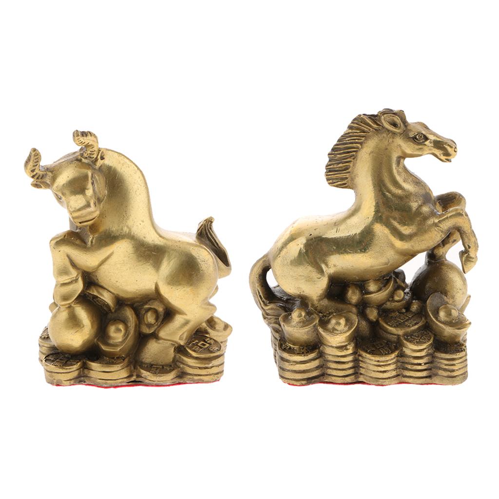 2pcs Pure Brass Chinese Animal Figurine Statue Ornament Ox+Horse