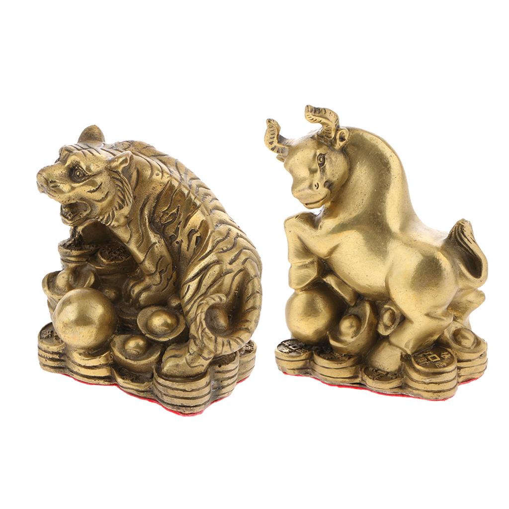 2pcs Pure Brass Chinese Animal Figurine Statue Ornament Tiger+Ox