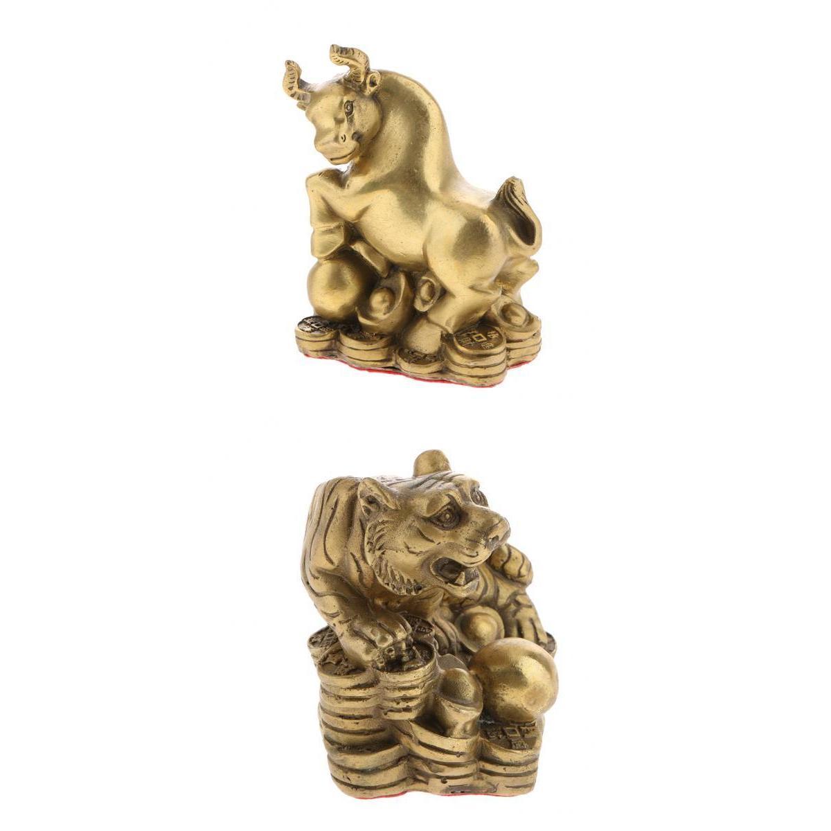 2pcs Pure Brass Chinese Animal Figurine Statue Ornament Tiger+Ox