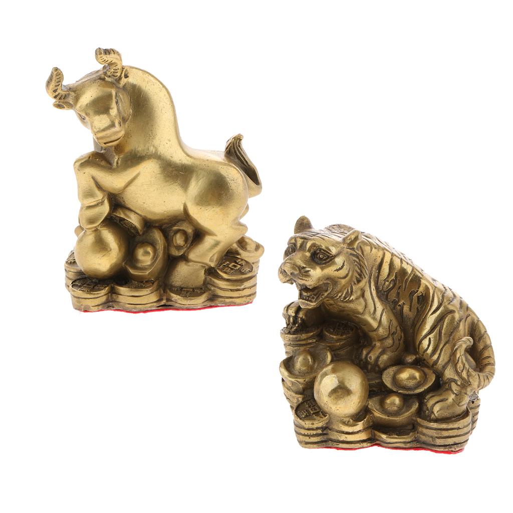 2pcs Pure Brass Chinese Animal Figurine Statue Ornament Tiger+Ox
