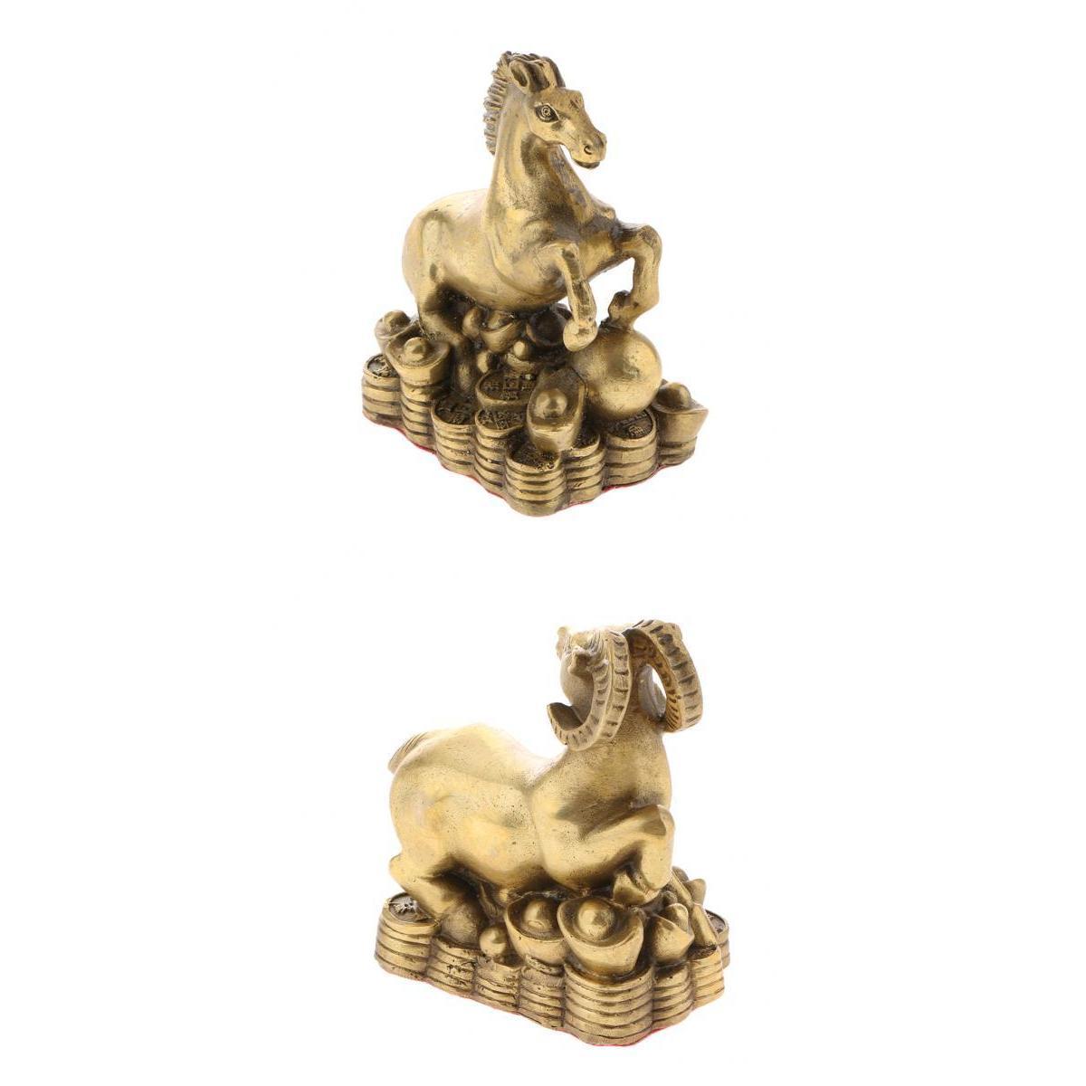 2pcs Pure Brass Chinese Animal Figurine Statue Ornament Goat+Horse