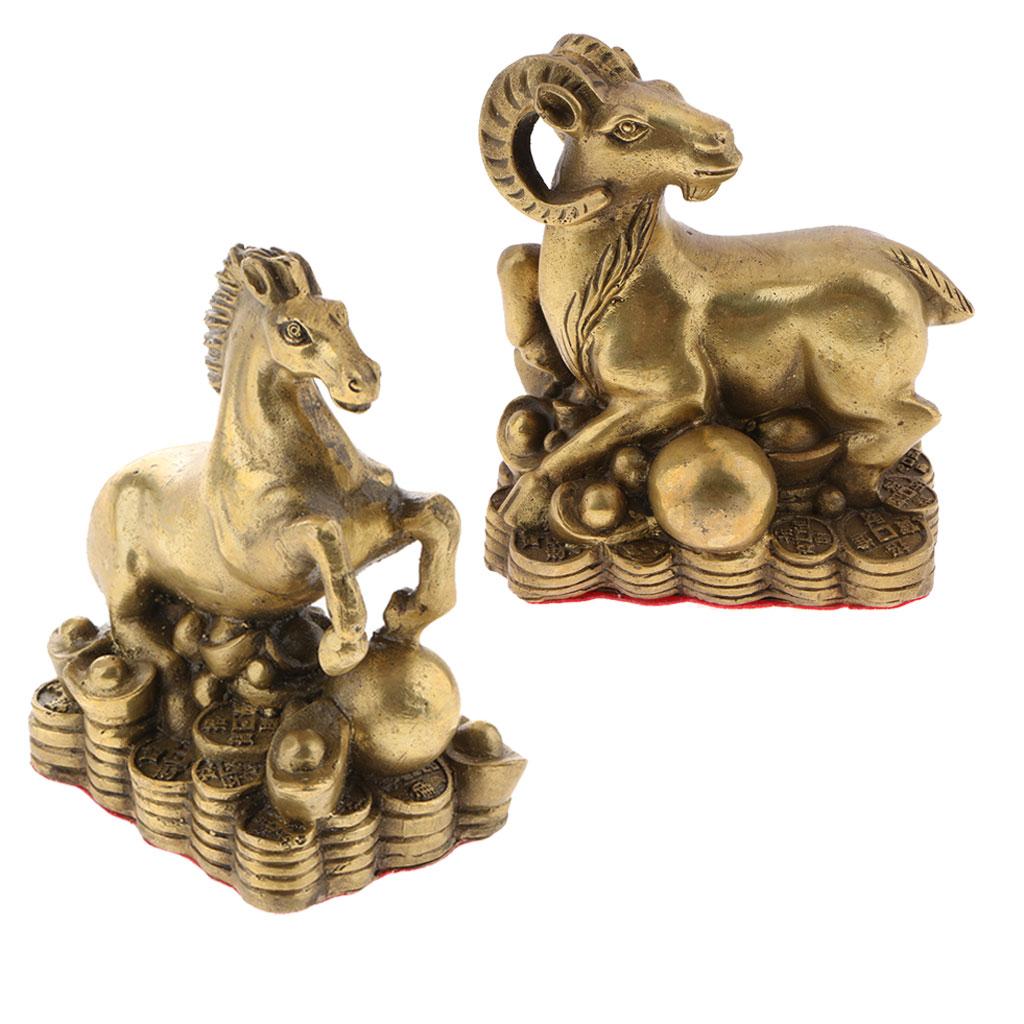 2pcs Pure Brass Chinese Animal Figurine Statue Ornament Goat+Horse
