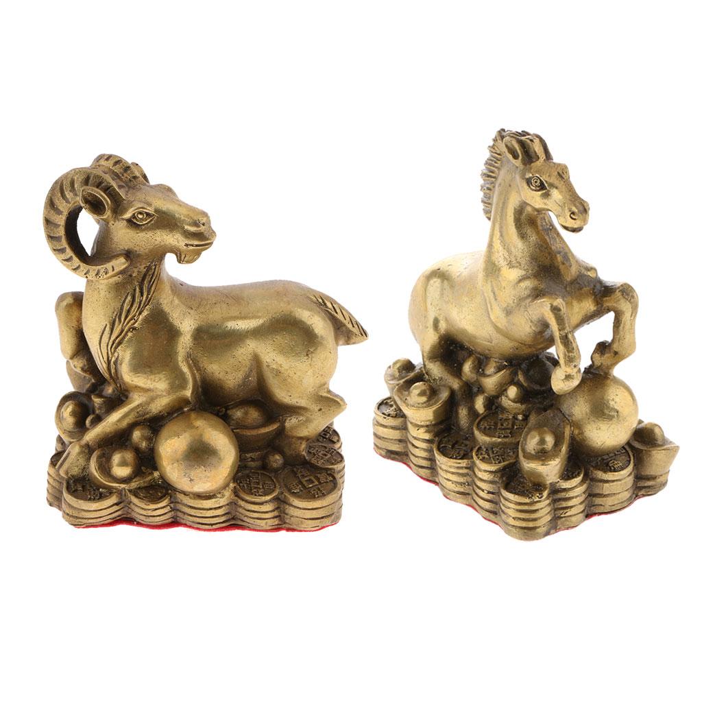 2pcs Pure Brass Chinese Animal Figurine Statue Ornament Goat+Horse