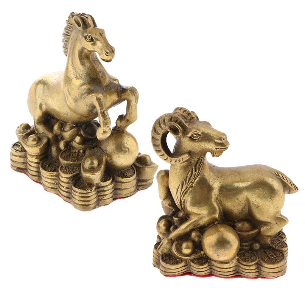 2pcs Pure Brass Chinese Animal Figurine Statue Ornament Goat+Horse