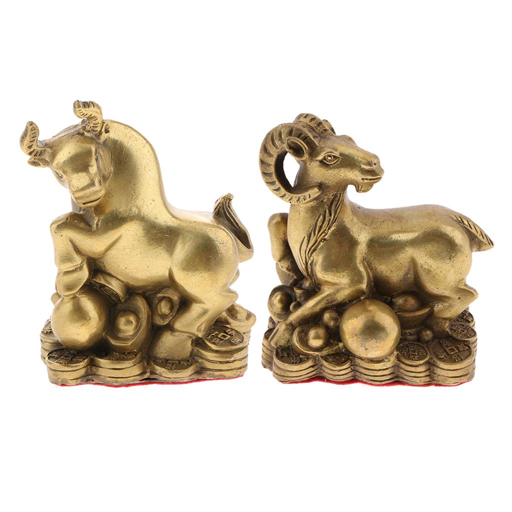2pcs Pure Brass Chinese Animal Figurine Statue Ornament Goat+Ox