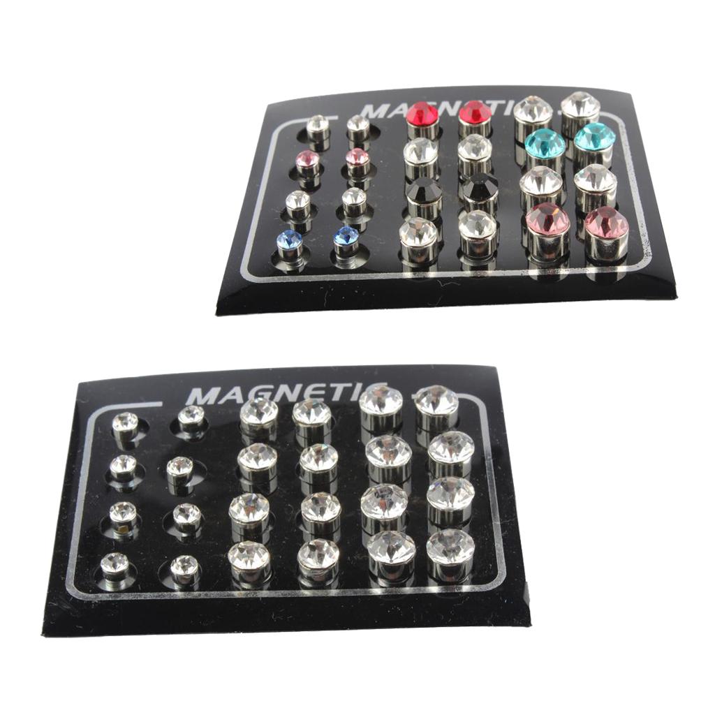 24 Pairs Mixed Size Multicolor Crystal Rhinestone Magnetic Earrings Ear Stud