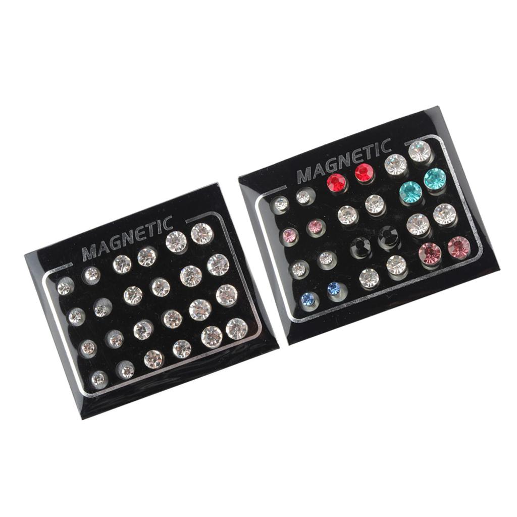 24 Pairs Mixed Size Multicolor Crystal Rhinestone Magnetic Earrings Ear Stud